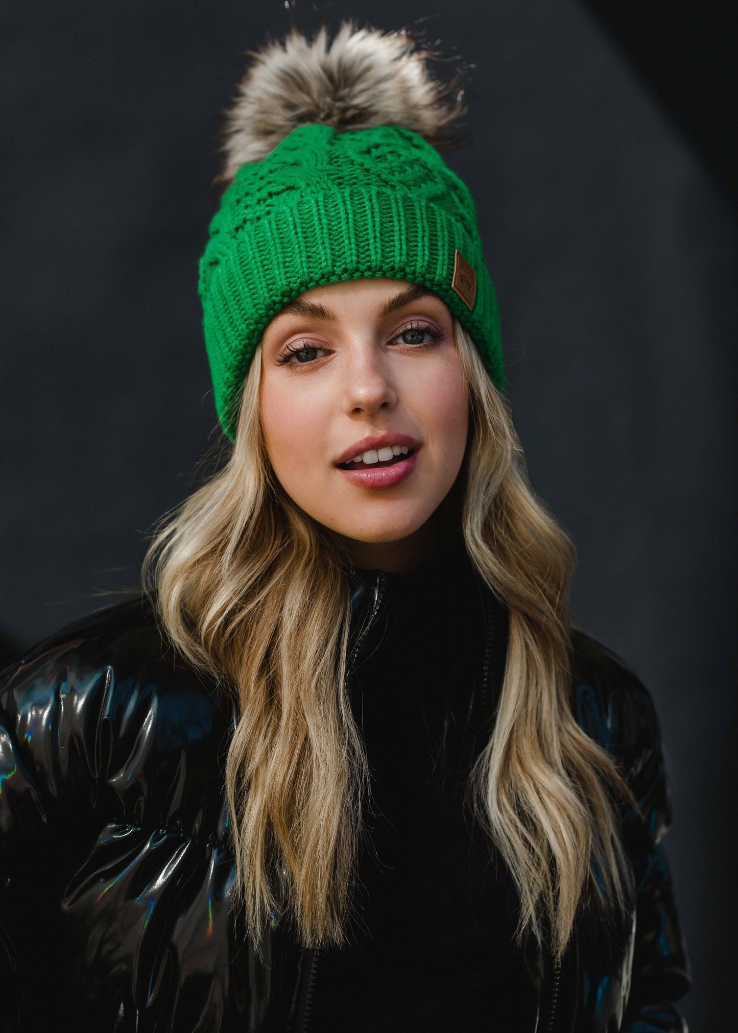 Cable Knit Pom-Pom Beanie Hat - Green