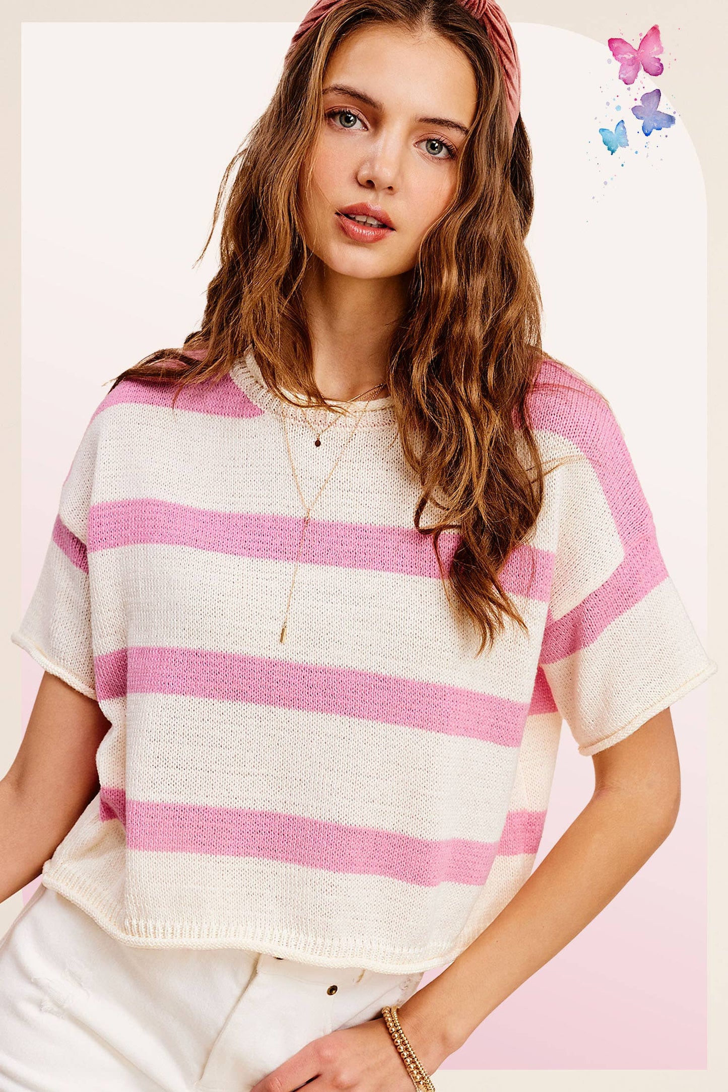 Danielle Boxy Stripe Lightweight Sweater Top: Candy Pink