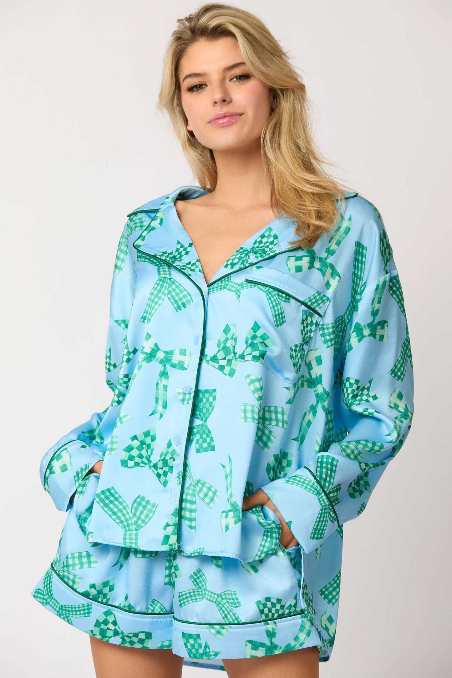 Satin Bow Print Pajama Set