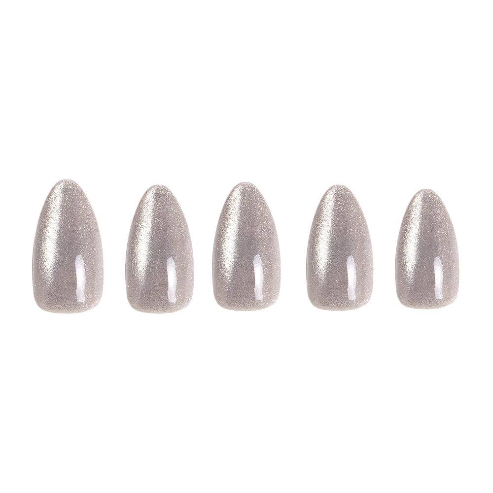 Oslo Press-On Nails|Short Almond Silver Glossy Holiday Nails