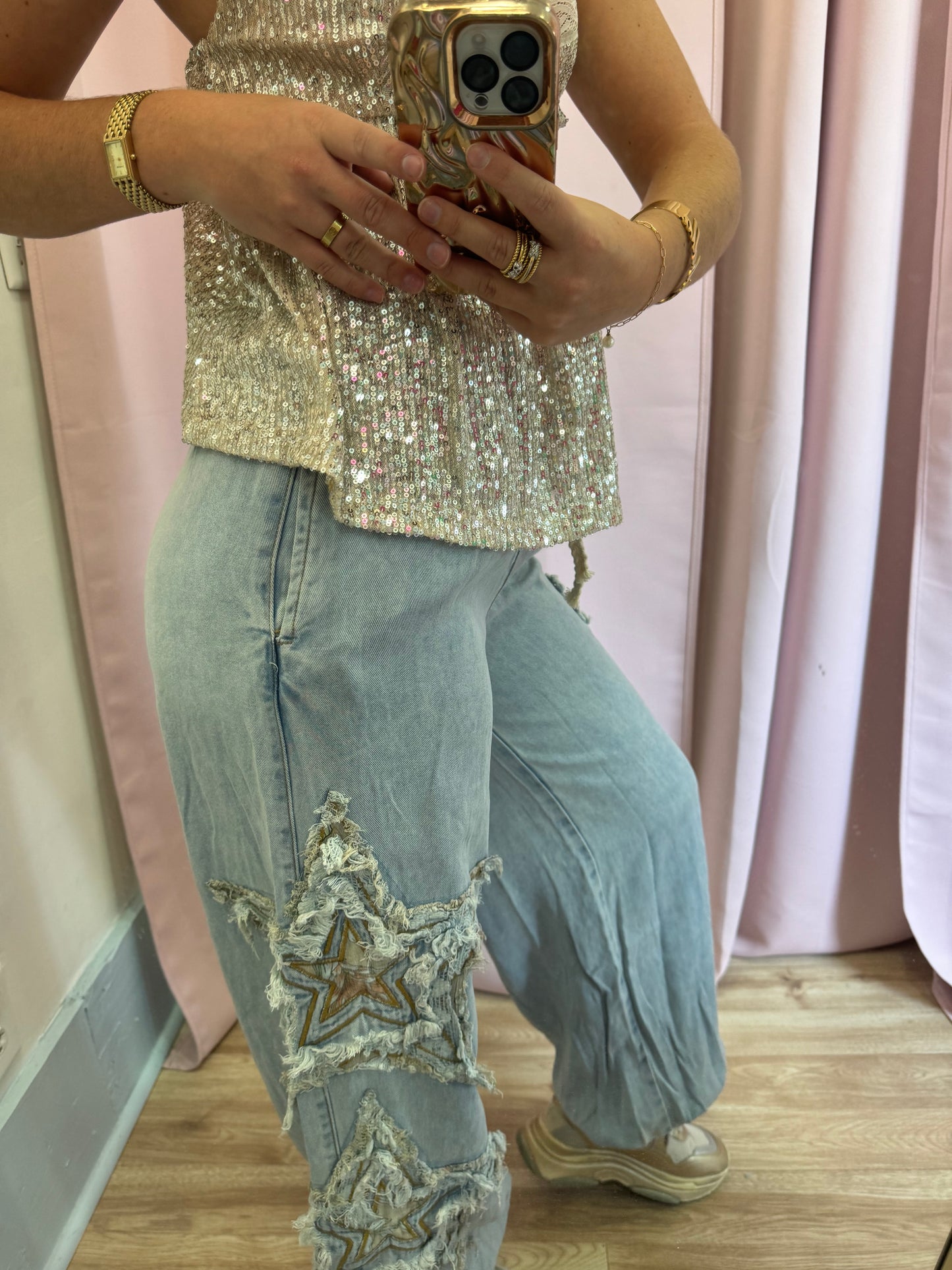 Star & Crochet Detail Denim Joggers