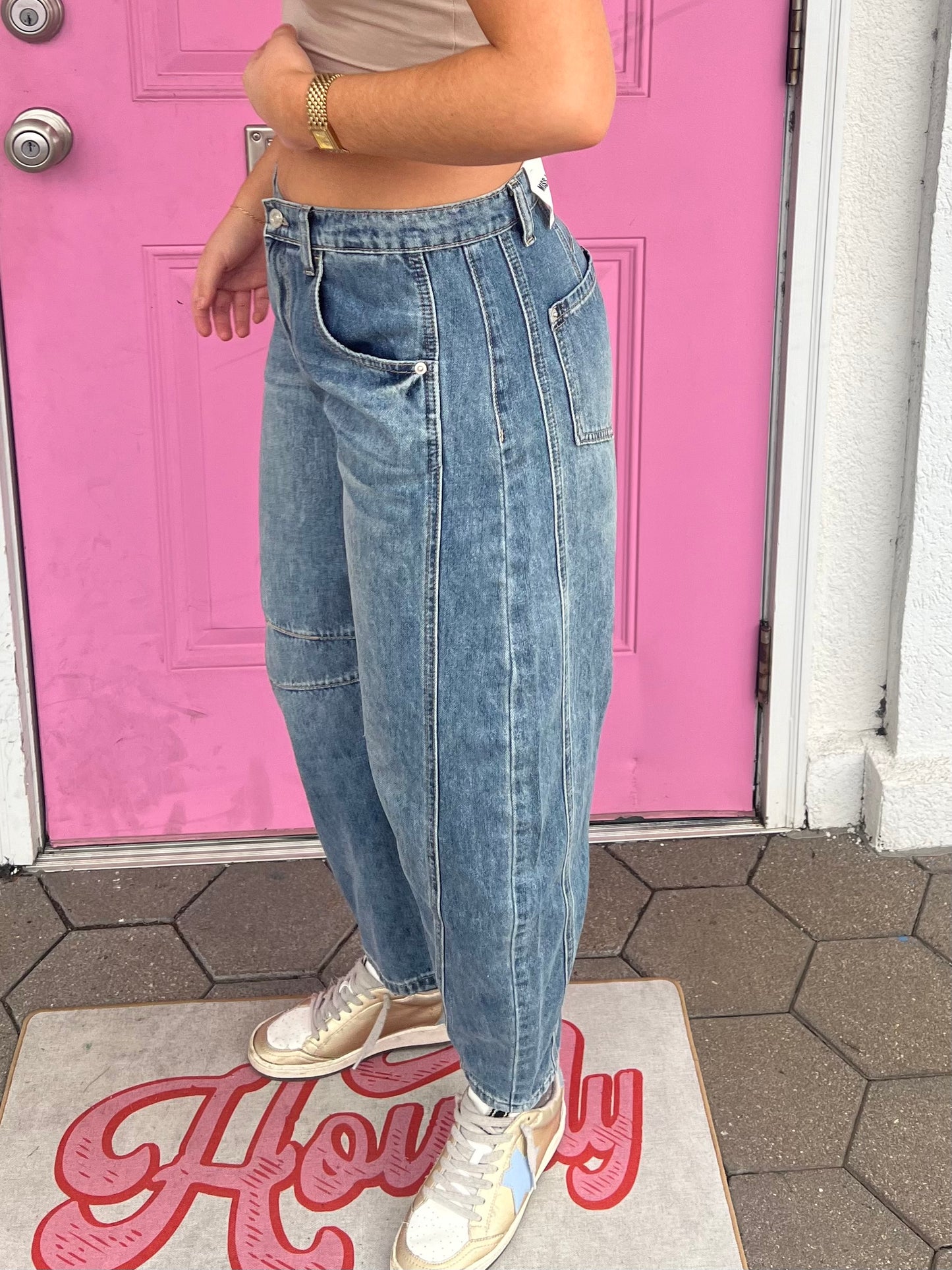 Mid-Rise Barrel Jeans - Denim Blue