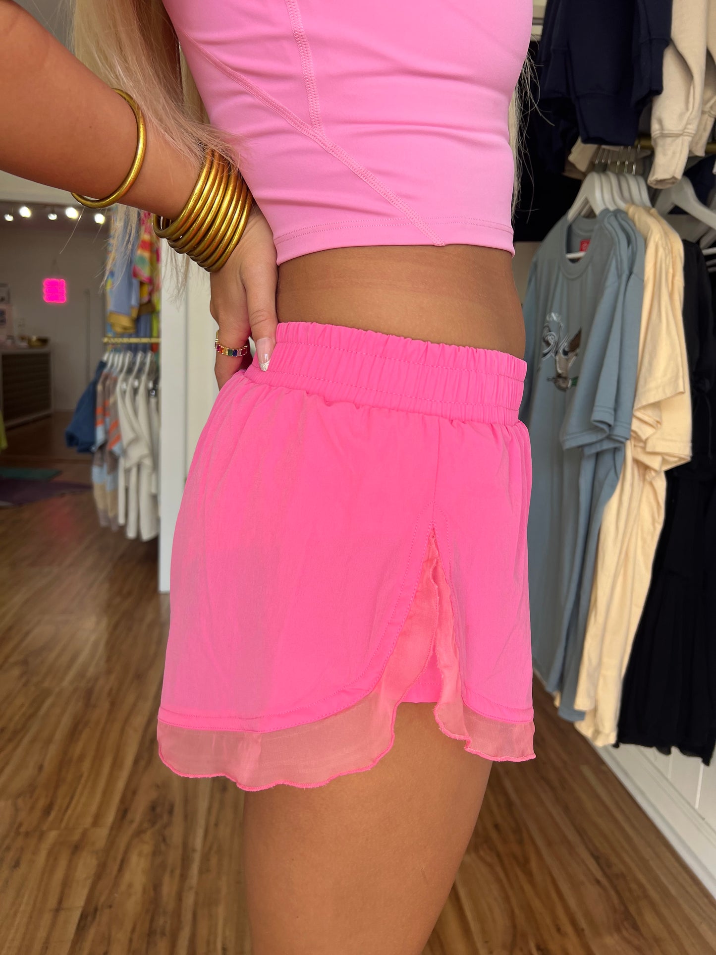 Flutter Sheer Trim Active Shorts - Pink
