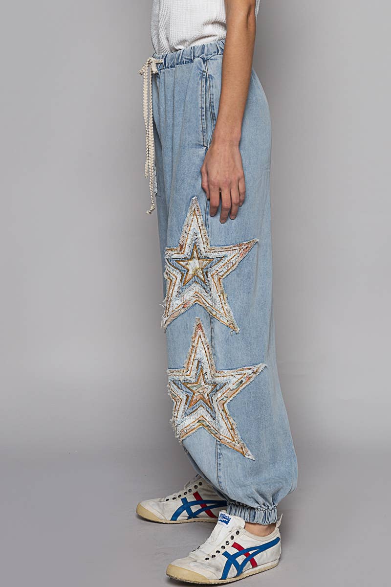 Star & Crochet Detail Denim Joggers