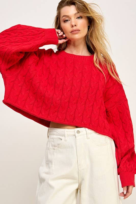 Cable Pattern Cropped Sweater - Red