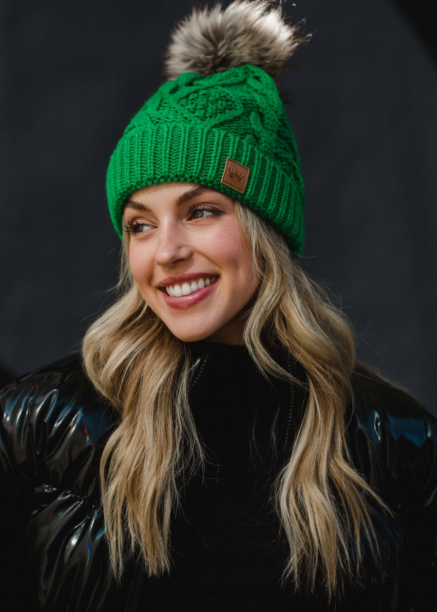 Cable Knit Pom-Pom Beanie Hat - Green