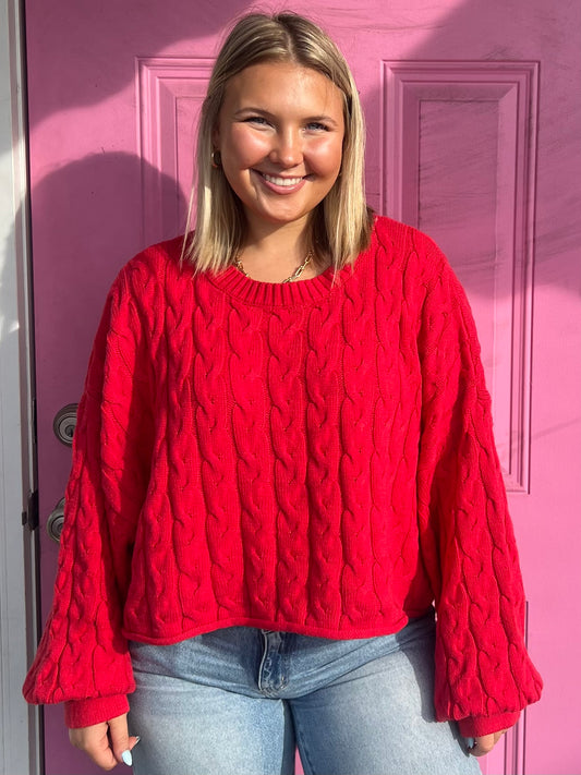 Cable Pattern Cropped Sweater - Red