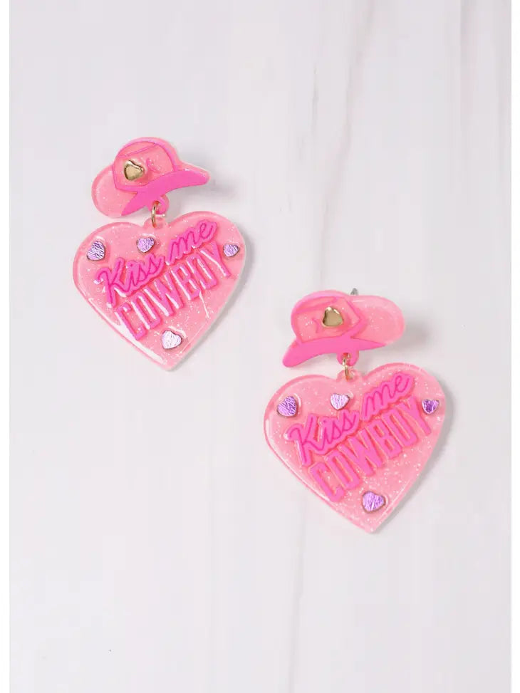 Kiss Me Cowboy Heart Earrings Pink - Caroline Hill