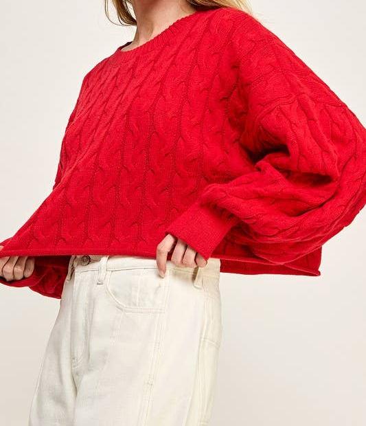 Cable Pattern Cropped Sweater - Red