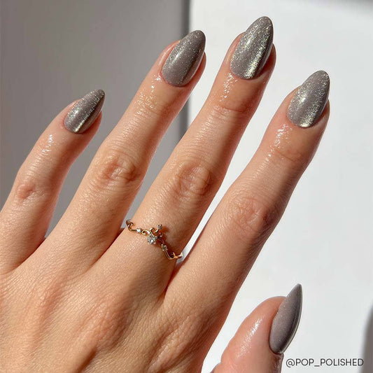 Oslo Press-On Nails|Short Almond Silver Glossy Holiday Nails