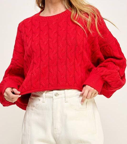 Cable Pattern Cropped Sweater - Red