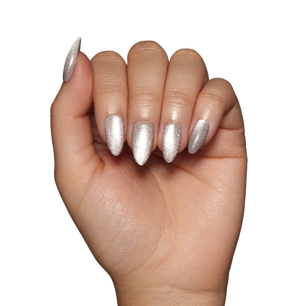 Oslo Press-On Nails|Short Almond Silver Glossy Holiday Nails