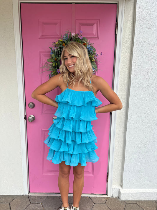 Shake It Off Tiered Mini Dress (hot pink & aqua)