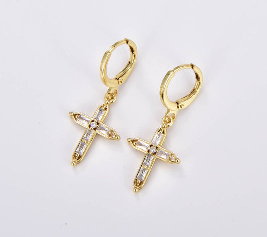 Huggie Hoop CZ Cross Earrings