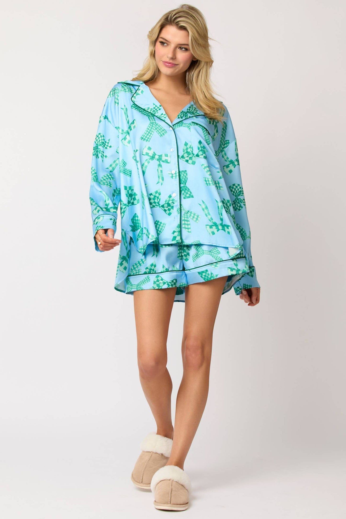 Satin Bow Print Pajama Set