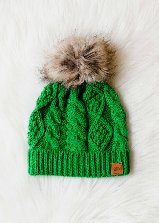 Cable Knit Pom-Pom Beanie Hat - Green