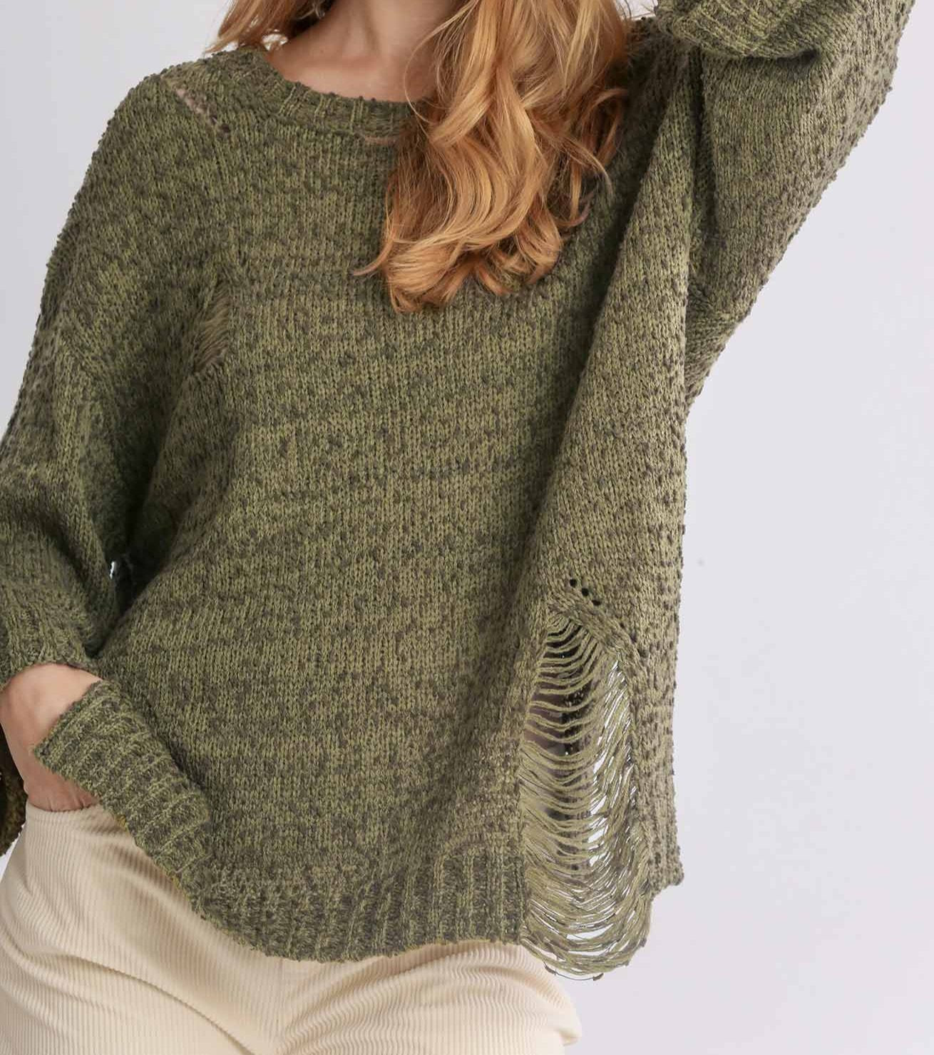 Distressed Knit Sweater- olive green