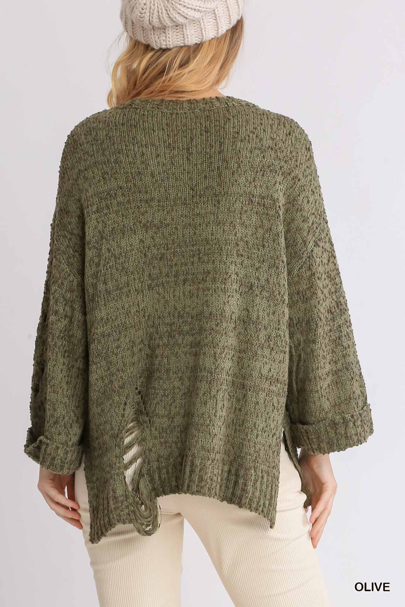 Distressed Knit Sweater- olive green