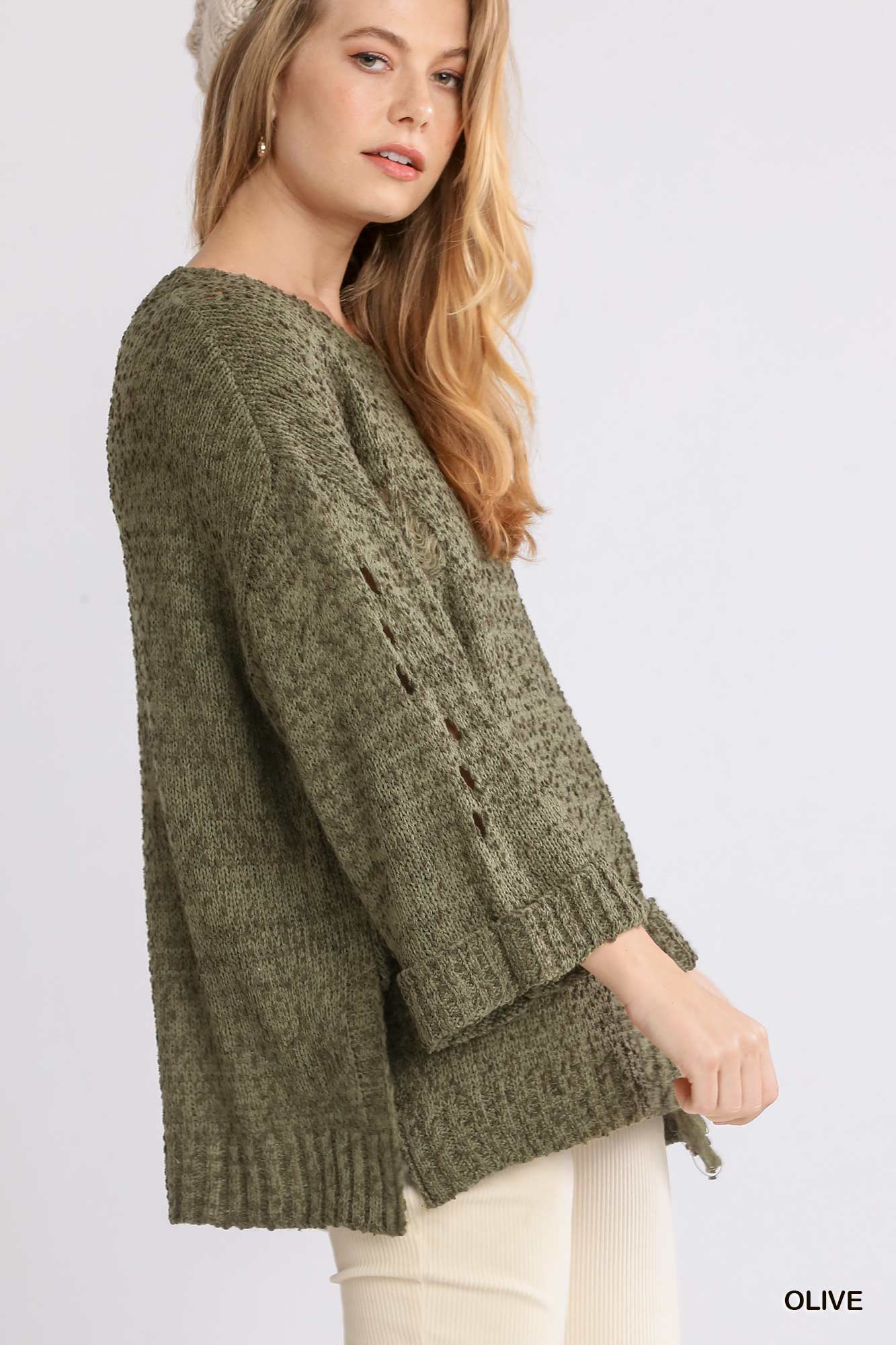 Distressed Knit Sweater- olive green