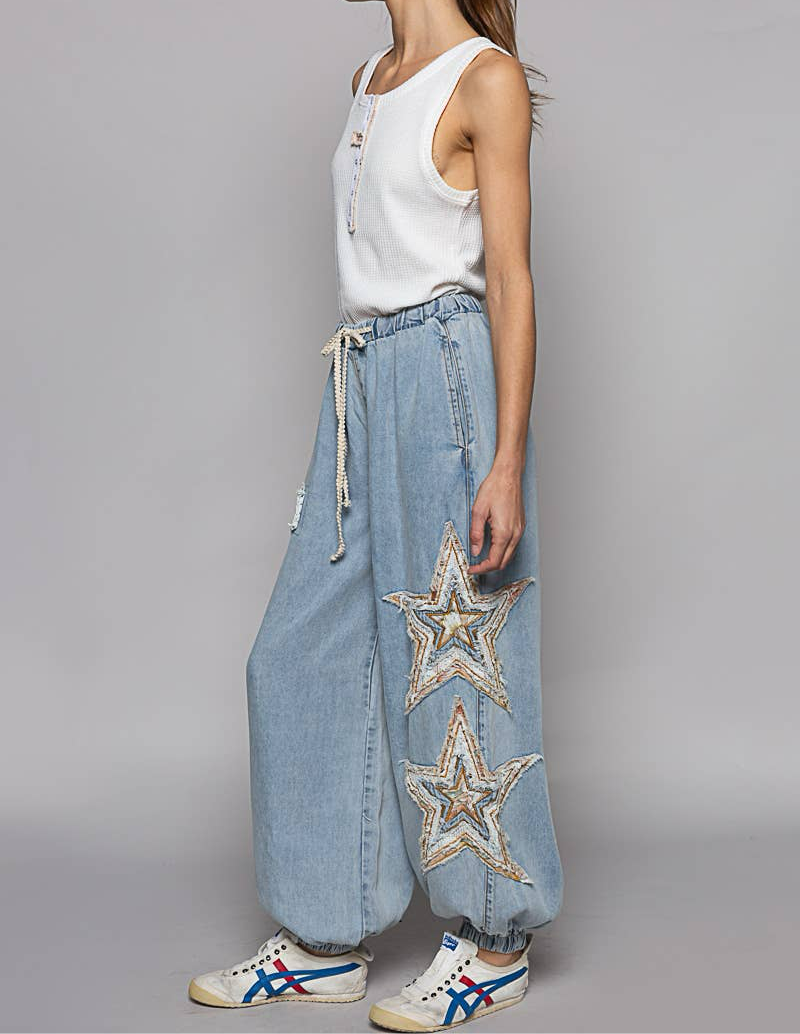 Star & Crochet Detail Denim Joggers