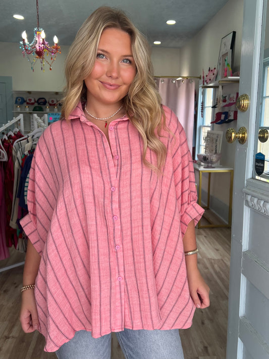 Coral Stripes Button-Up Top