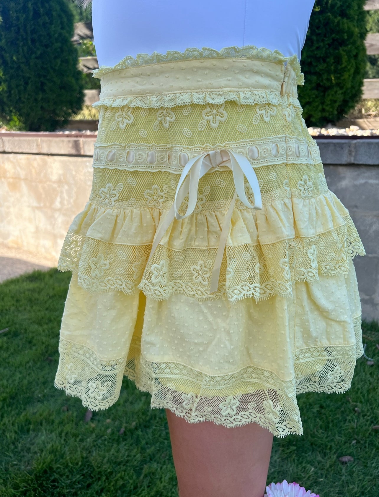 Lacey Trim Tiered Mini Skirt - Yellow