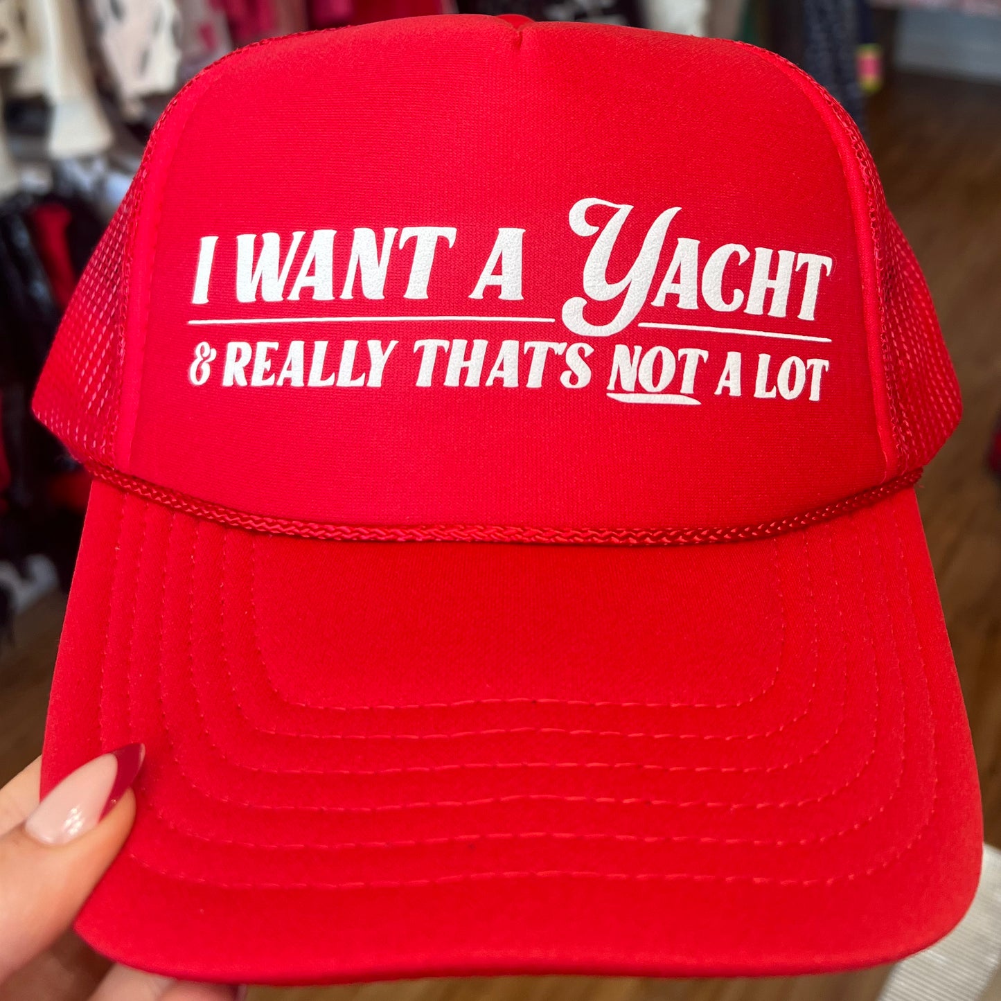 I Want A Yacht Trucker Hat - Green & Red Available