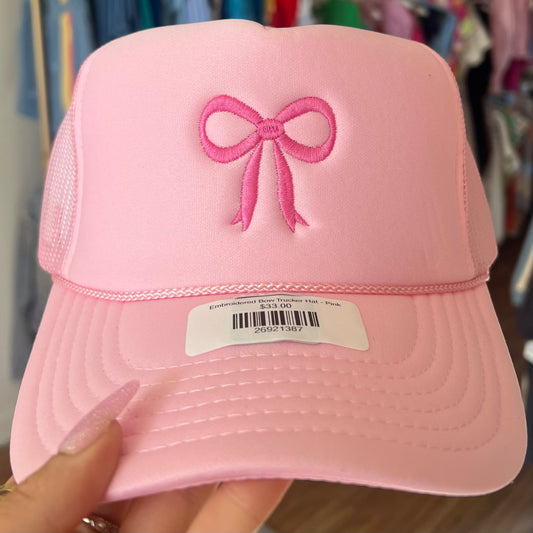 Embroidered Bow Trucker Hat - Pink
