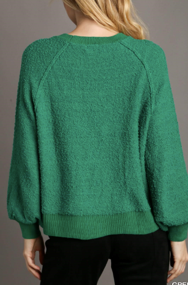 Puff Sleeve Boat Neck Sweater - green