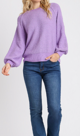 Puff Sleeve Boat Neck Sweater - lilac