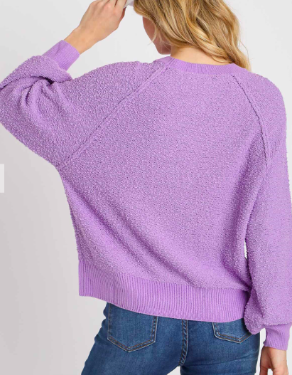 Puff Sleeve Boat Neck Sweater - lilac