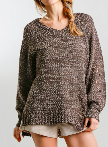 Distressed Knit Sweater- mocha