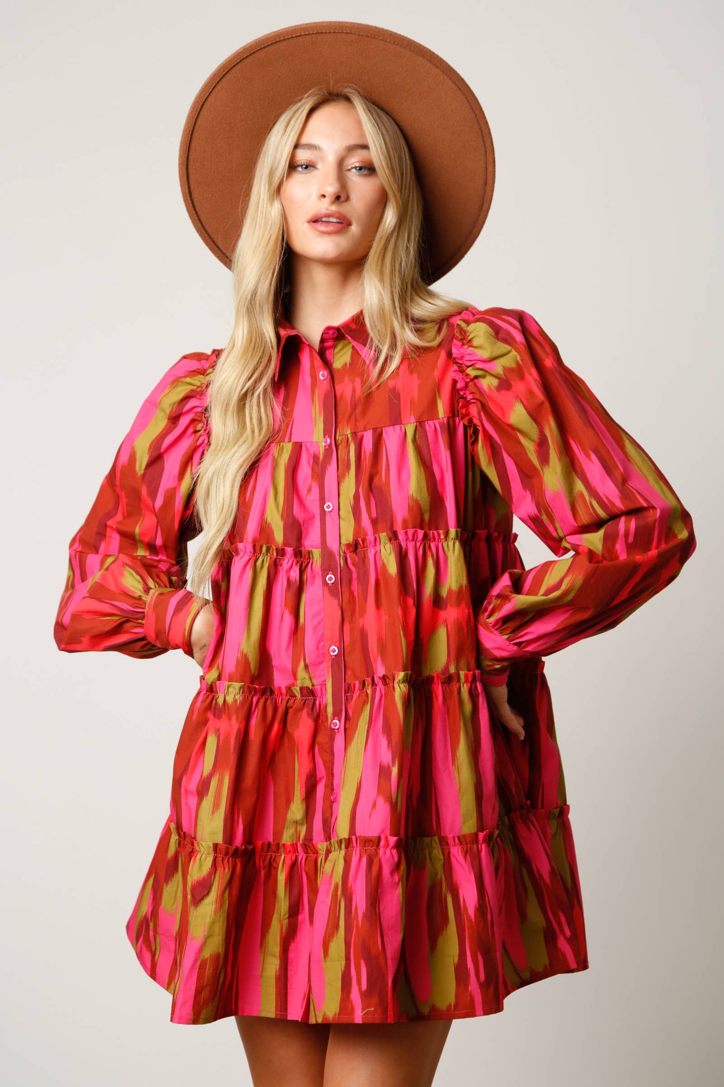 Tropical Print Tiered Shirt Dress