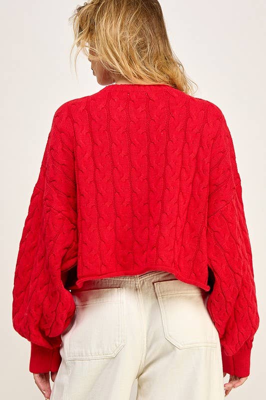 Cable Pattern Cropped Sweater - Red