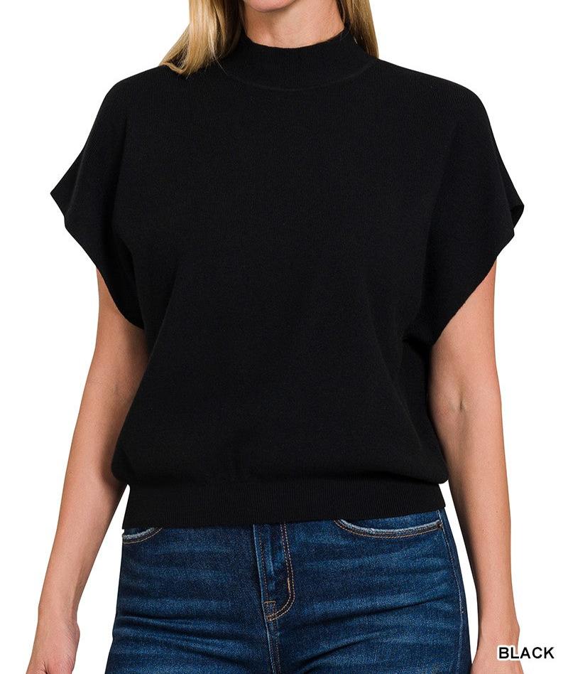 Mock Neck Short Sleeve Sweater - Black