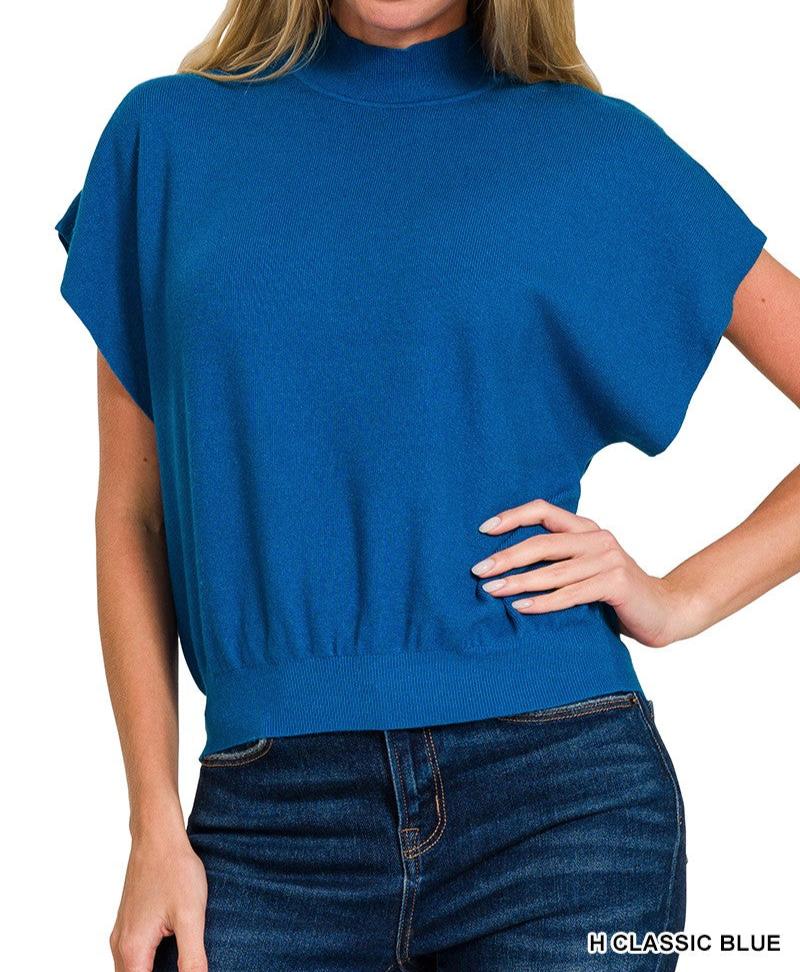 Mock Neck Short Sleeve Sweater - Blue