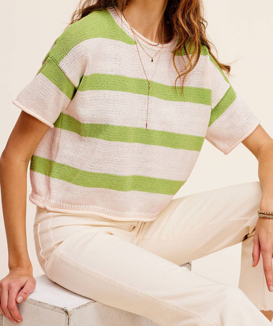 Danielle Boxy Stripe Lightweight Sweater Top: Apple Green