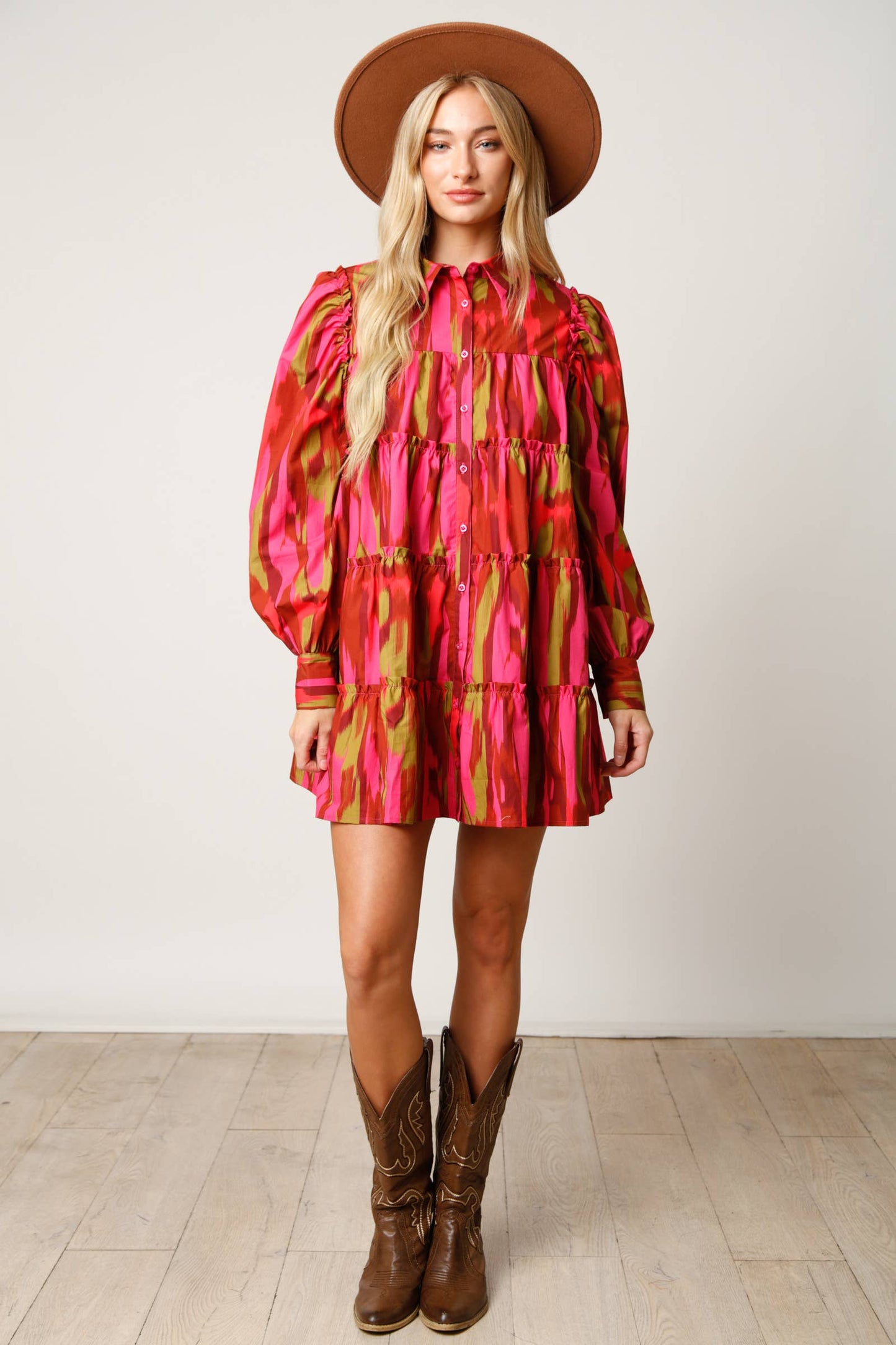 Tropical Print Tiered Shirt Dress