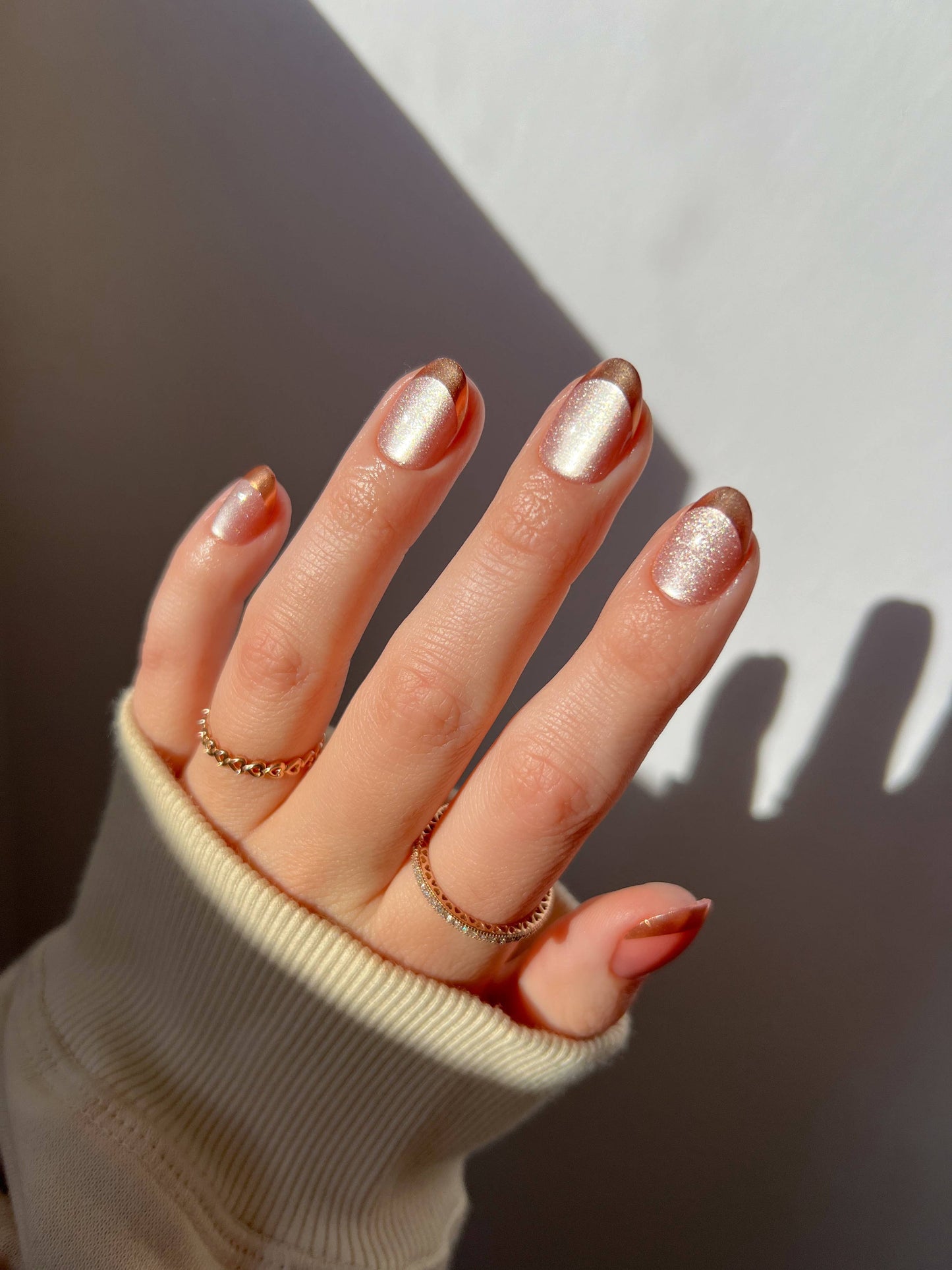 Caramel Apple Press-On Nails| Bronze Chrome French Tip|Short - Glamnetic