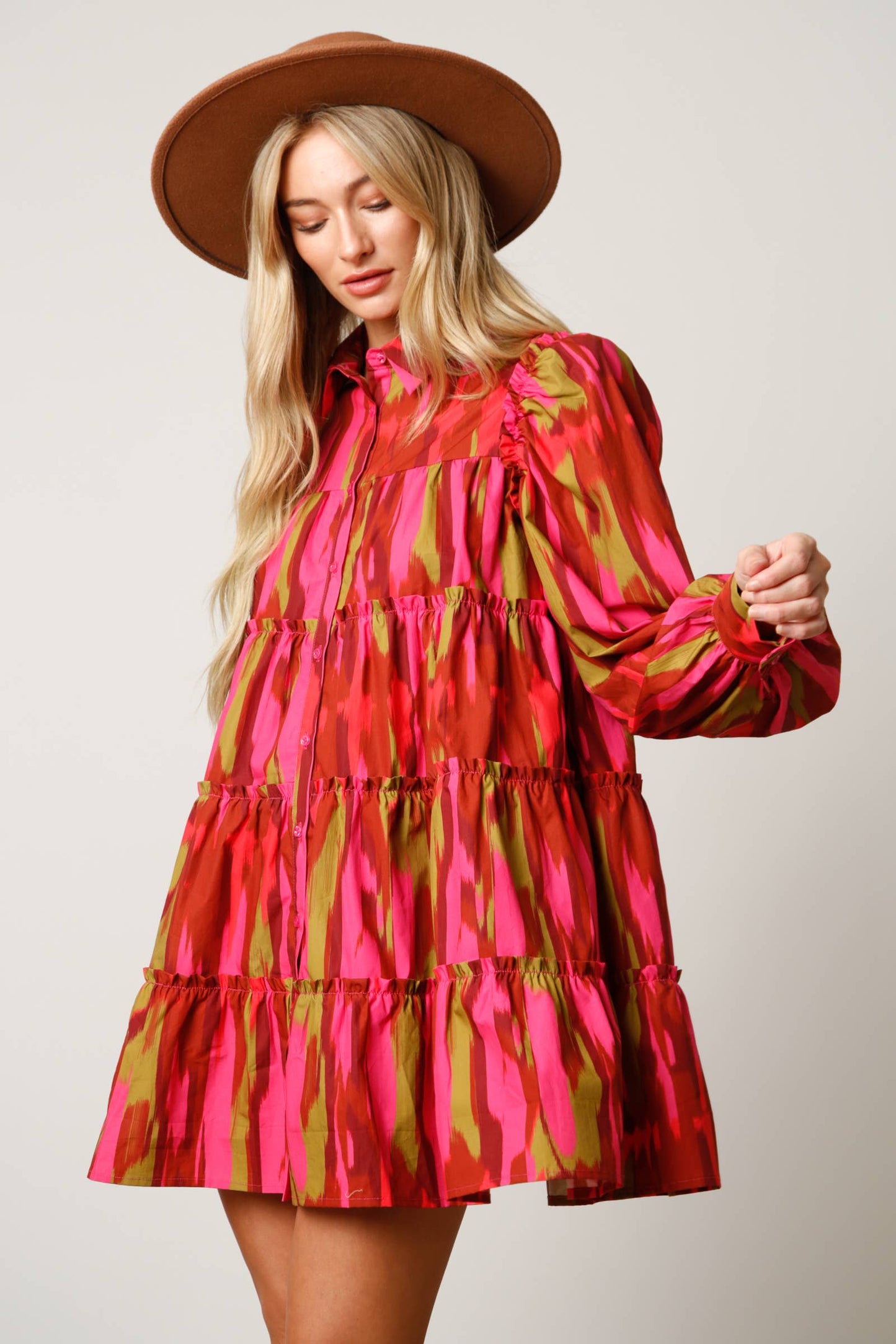 Tropical Print Tiered Shirt Dress