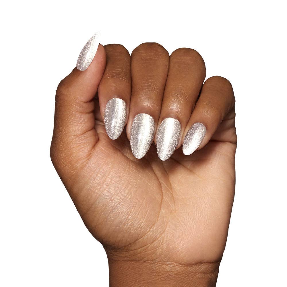 Oslo Press-On Nails|Short Almond Silver Glossy Holiday Nails