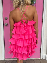 Load image into Gallery viewer, Shake It Off Tiered Mini Dress (hot pink &amp; aqua)
