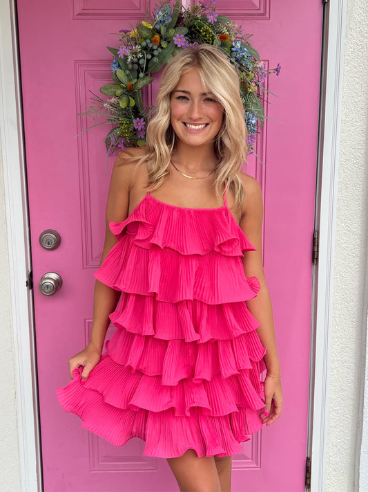 Shake It Off Tiered Mini Dress (hot pink & aqua)