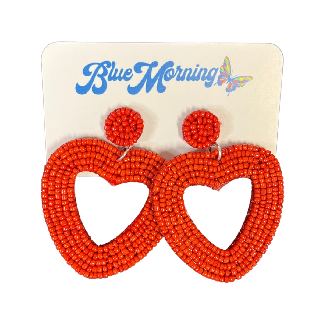 Open Heart Beaded Earrings - Red