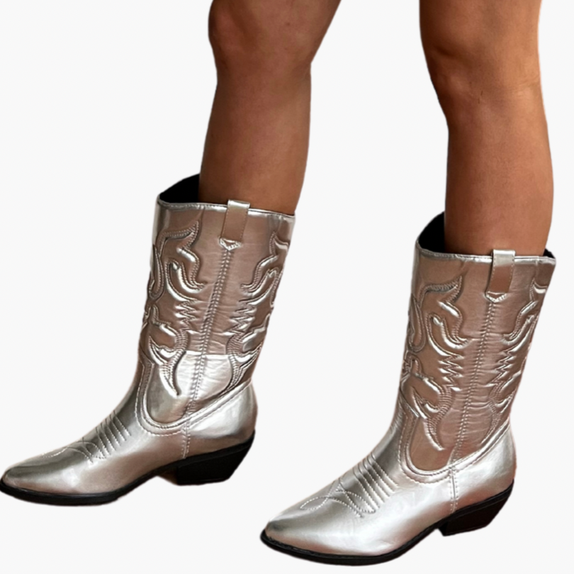 Reno Metallic Cowgirl Boots- Silver by Soda